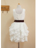 Ivory Taffeta Ruffles Knee Length Flower Girl Dress